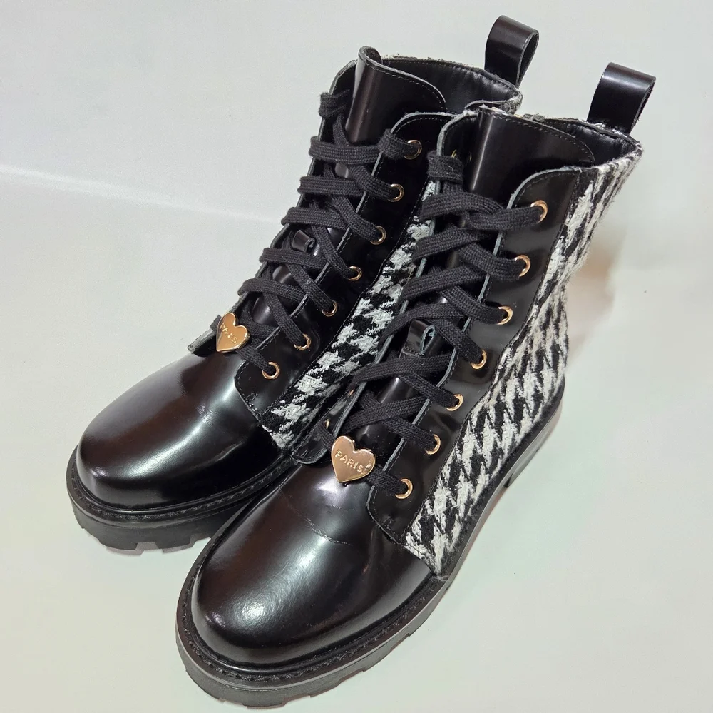 Karl Lagerfeld Paris Mela Everyday Patent Leather Houndstooth Combat Boot 7.5 - Picture 5 of 15